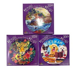 Cra-Z-Art Round Jigsaw Puzzle Dogs Leopard Mermaid 350 Pieces - Lot of 3 Puzzles